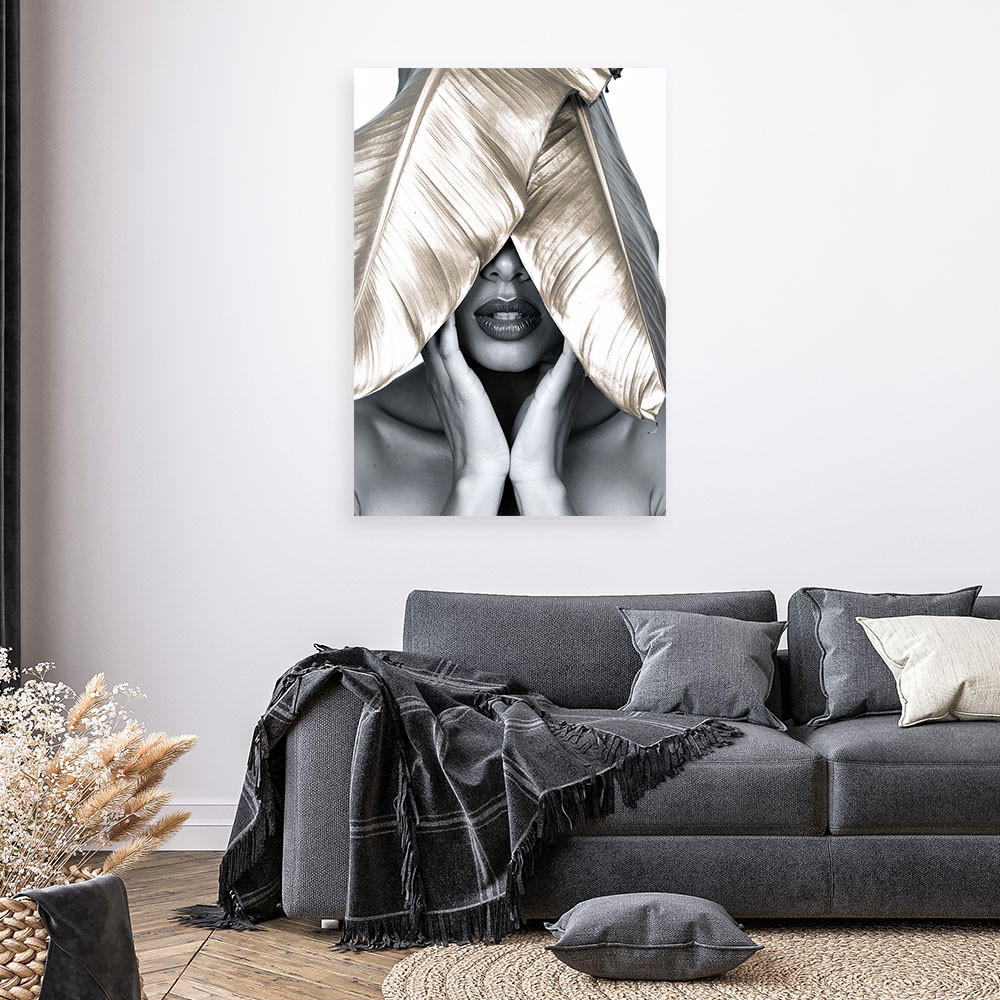 LEINWANDBILD Frau und goldene Blätter auf dem Kopf 80x120cm - Grau, Textil (80/120cm) - Feeby