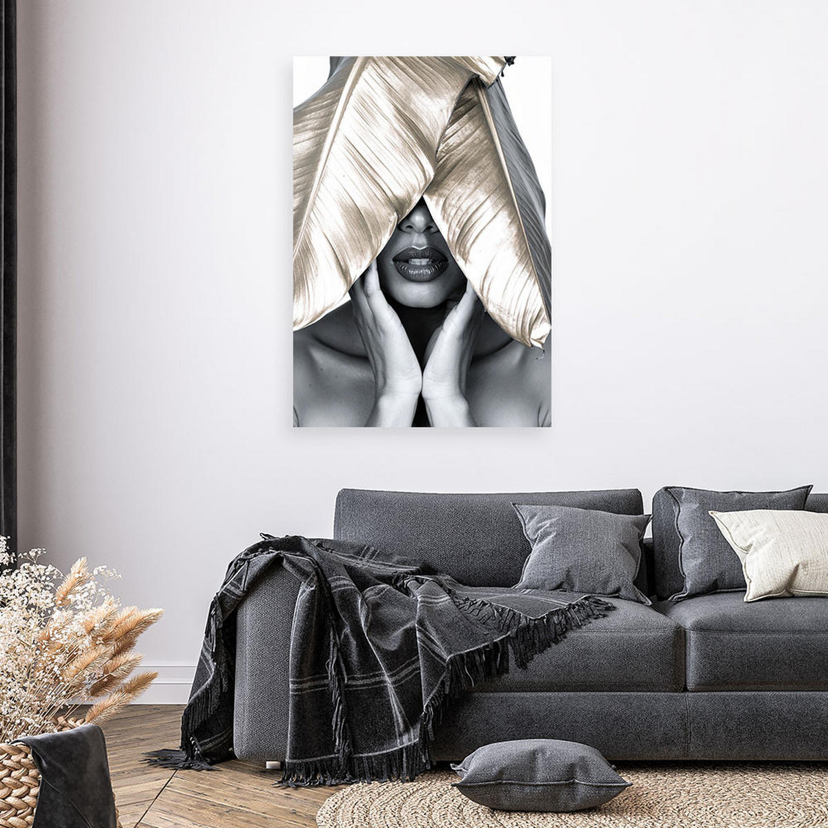 LEINWANDBILD Frau und goldene Blätter auf dem Kopf 80x120cm - Grau, Textil (80/120cm) - Feeby