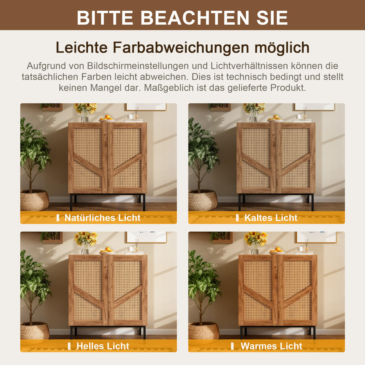 SIDEBOARD Holzoptik mit PE-Rattan 2 Türen 2 Verstellbare Böden Metallbeine - Naturfarben, Holzwerkstoff (70/80/38.5cm) - Urban Meuble
