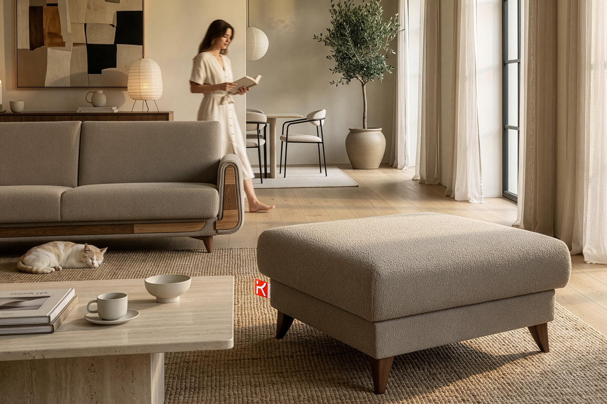 HOCKER GUSTAVO Bouclé, Dunkelbeige - Graubraun/Beige, Holz/Holzwerkstoff (92/49/92cm) - KONSIMO®