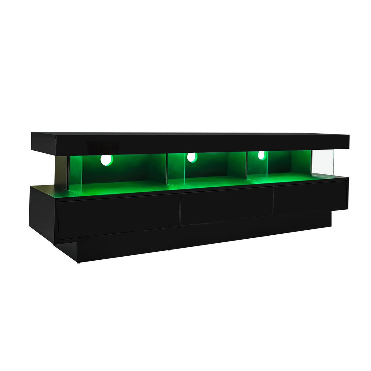 TV stolek 160/38/50,5 cm černá z dřevotřísky s LED osvětlením a 3 skleněnými policemi - černá, kompozitní dřevo (160/50.5/38cm) - OKWISH
