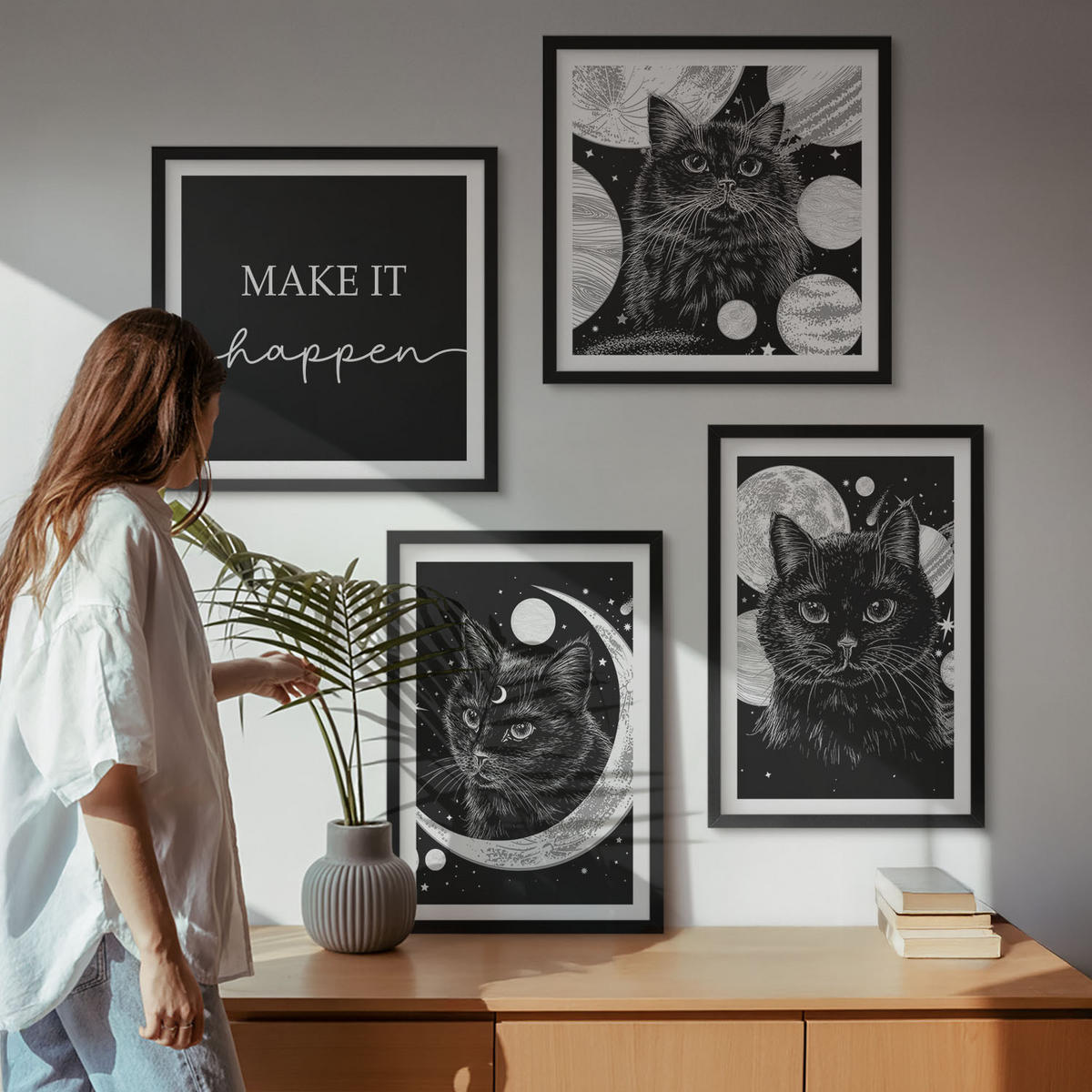 WANDBILDER 4er-Set - 50x50 cm & 40x60 cm Schwarzer Rahmen - Schwarze Katzen, Mond, Planet - Schwarz, Kunststoff (50/50cm) - ArtPrintCave