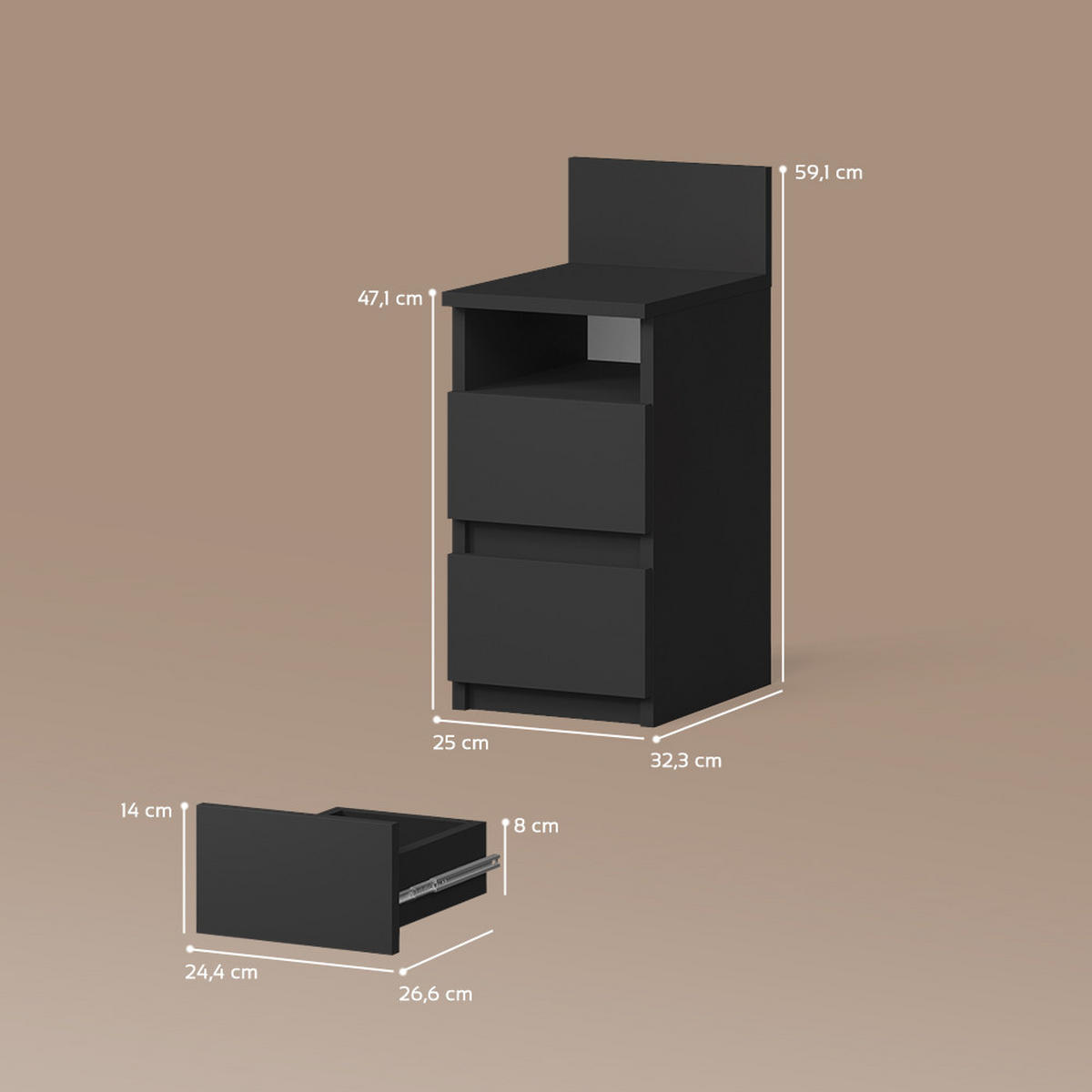 NACHTTISCH Roya, Schwarz, 25 x 59.1 cm mit 2 Schubladen - Schwarz, Holzwerkstoff (25/59.1/32.3cm) - Livinity®