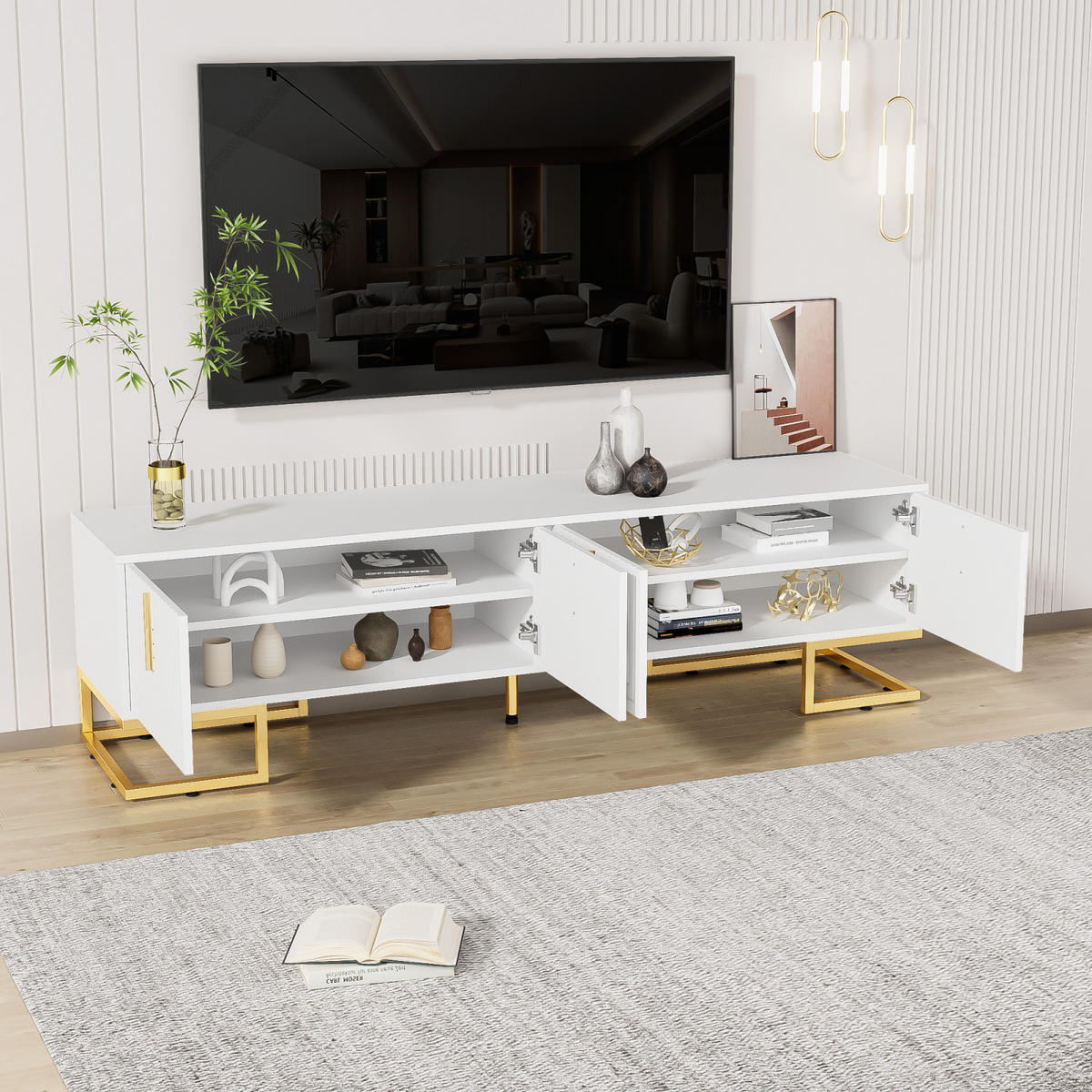 TV Lowboard 170x40x45 cm, Strukturfront, goldene Füße, Weiß - Weiß, Holz (170/45/40cm)