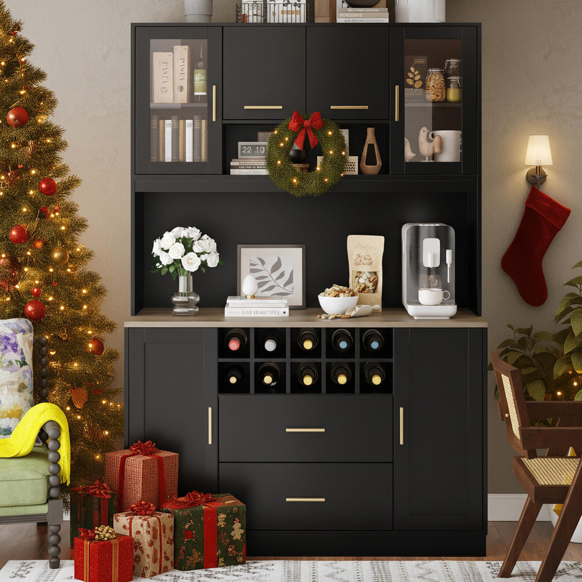 BUFFETSCHRANK Kombi Schwarz 120/36.3/180 cm - Schwarz, Holz (120/180/36.3cm) - PANGIVO