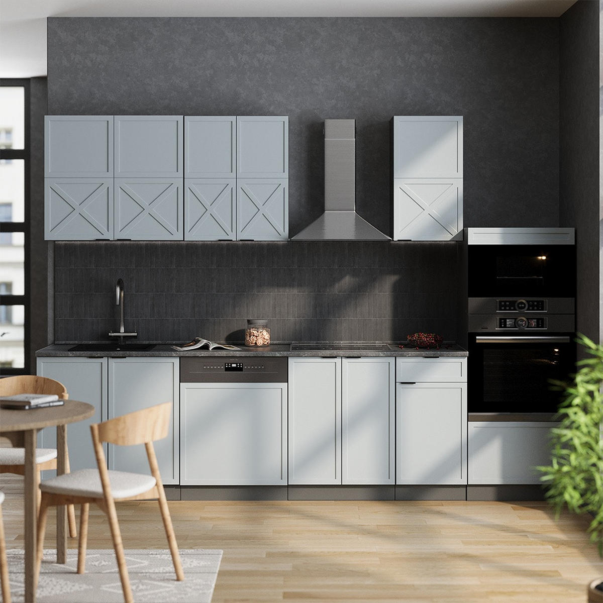 KUHINJSKI BLOK Fame-Line, Svetlo modro-siva/Antracit, 300 cm z visoko omaro, DP Hrast - svetlo modra/antracit, leseni material (300/153.6/60cm) - Vicco