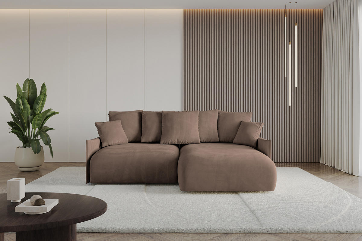 ECKSOFA Ottomane rechts ONESK-L -v1 216x177x72 Braun Velours - Braun, Holzwerkstoff/Kunststoff (177/216cm) - ALTDECOR