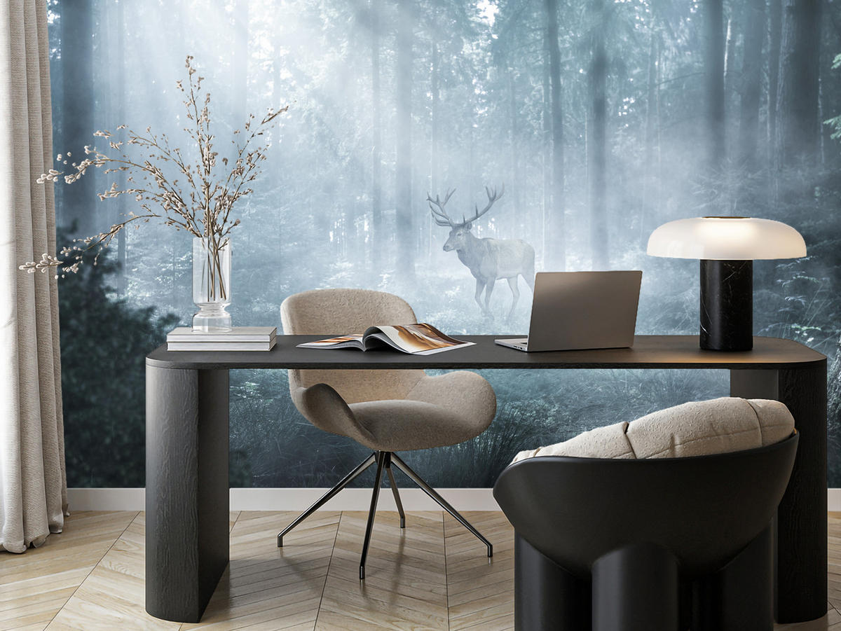 FOTOTAPETE für Wohnzimmer Hirsch Nebelwald Bäume Pflanzen 250x175 - Weiß/Grau, Papier (250/175cm) - Muralo