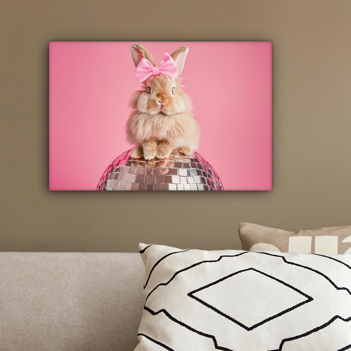 LEINWANDBILD Schleife - Discoball - Kaninchen Deko Schlafzimmer 30x20 cm - Pink, Textil (30/20cm) - MuchoWow