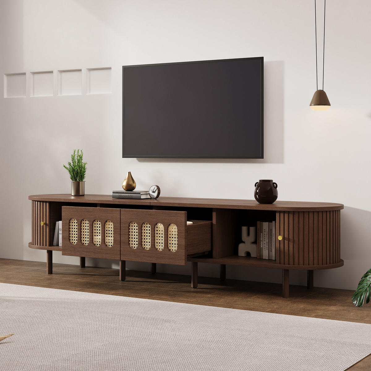 TV-SCHRANK 180cm Nussbaum Rattan 2 Schubladen Lowboard - Walnussfarben, Holzwerkstoff (180/40/40cm) - FLIEKS