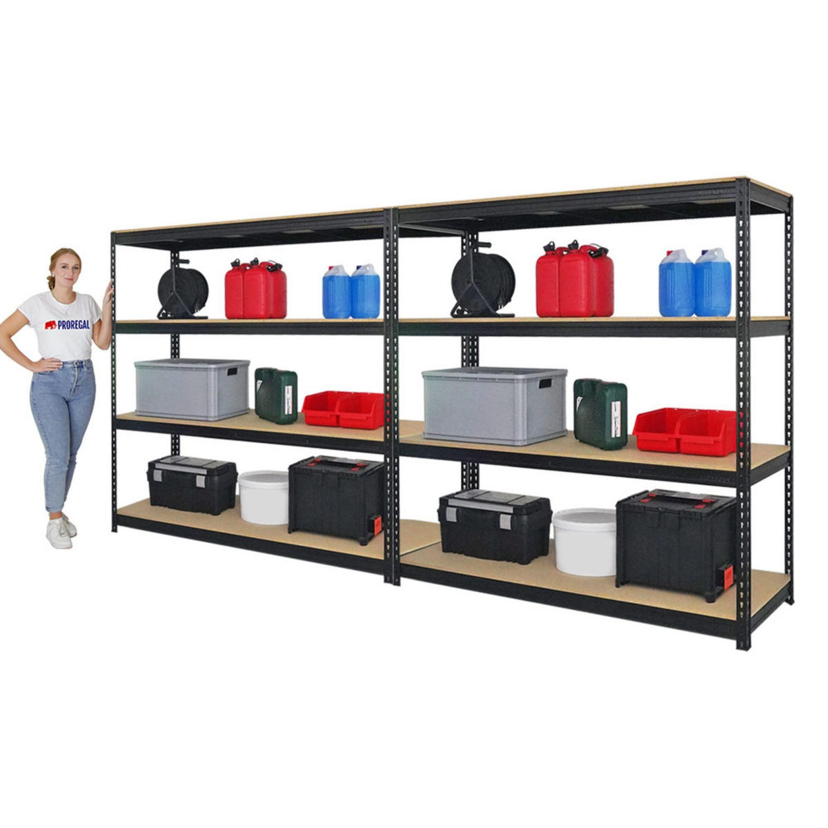 SCHWERLASTREGAL Bison 2er-Set mit 2x 200x200x60 cm 4 Fachböden Fachlast 600 kg Schwarz - Schwarz, Metall (400/200/60cm) - PROREGAL