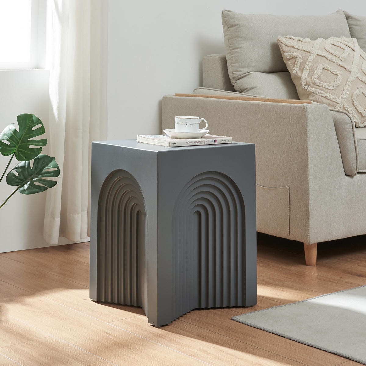 ODKLÁDACÍ STOLEK Elverumn - šedá, kompozitní dřevo (35/35/45cm) - [en.casa]