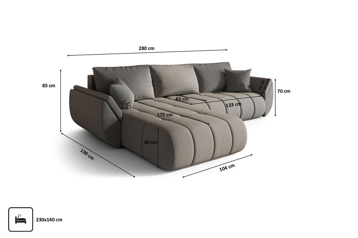 ECKSOFA TOKYO PREMIUM mit Schlaffunktion, Stoff WIND, Braungrau, Links - Grau, Holz (280/190cm) - Kaiser Möbel