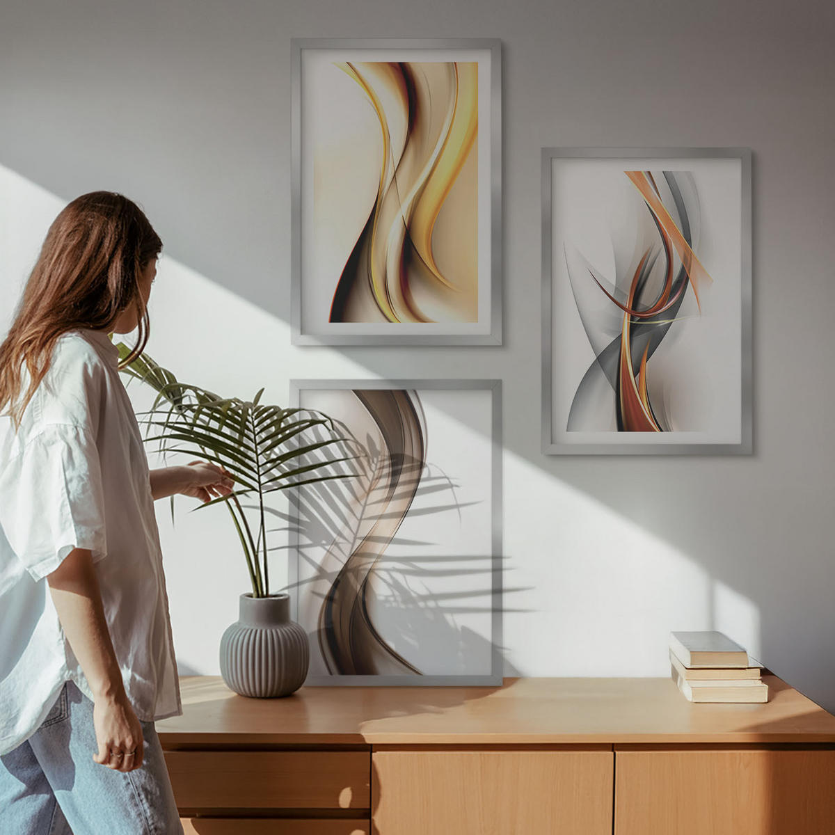WANDBILDER 3er Set - 40x60 cm Silberner Rahmen - Gelbgrau-braune Wellen - Silberfarben, Kunststoff (40/60cm) - ArtPrintCave