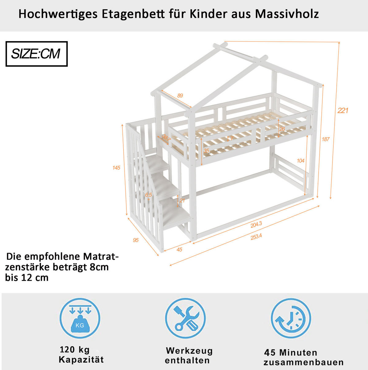 HOCHBETT aus Massivholz 90x200 cm Weiß mit Sicherheitstreppe & Stauraum - Weiß, Holz (90/200cm) - Modfu