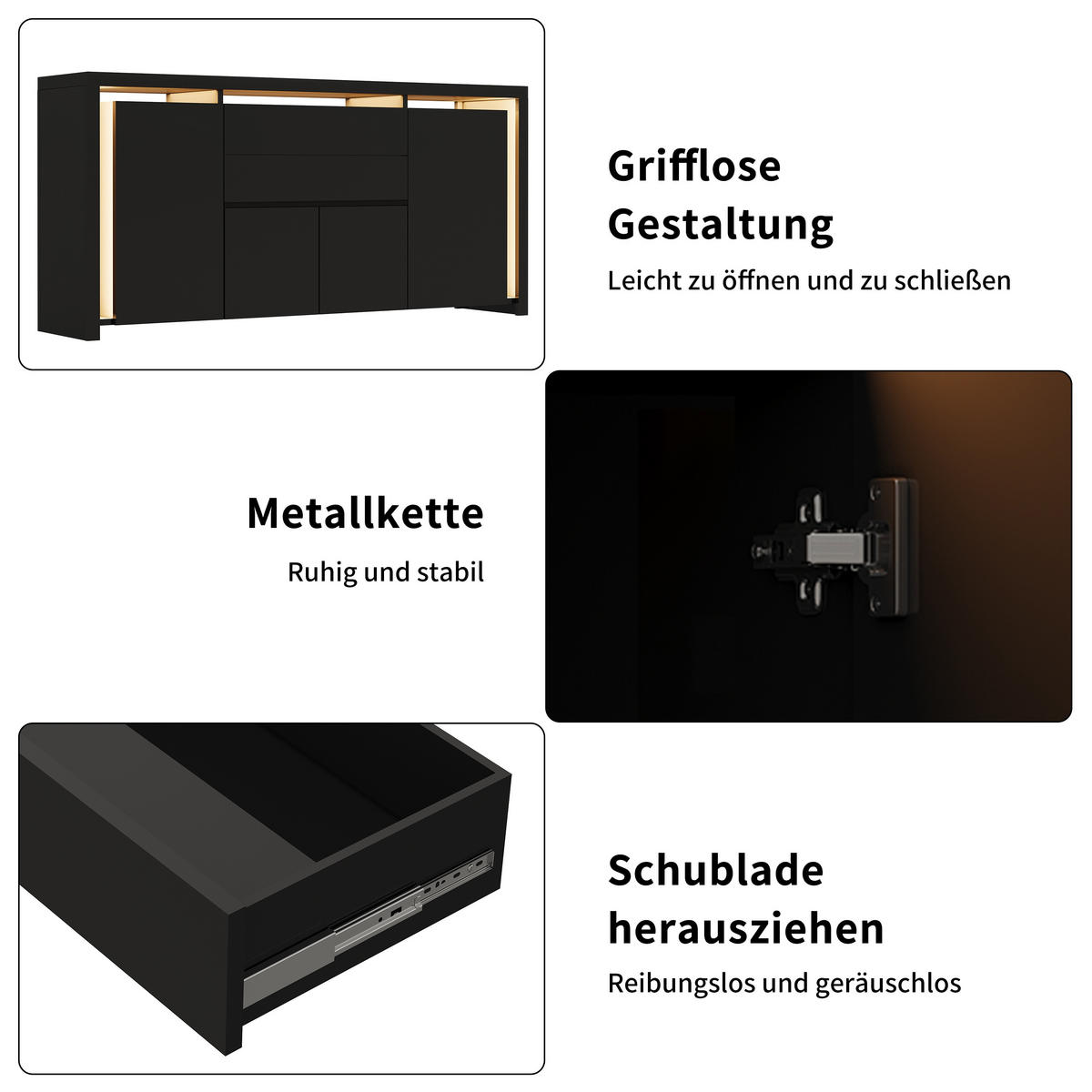SIDEBOARD 160 cm Hochglanz mit LED, 4 Türen und 2 Schubladen, Küchenschrank mit Stauraum, Schwarz - Schwarz, Holzwerkstoff (160/35/75cm) - Waldena