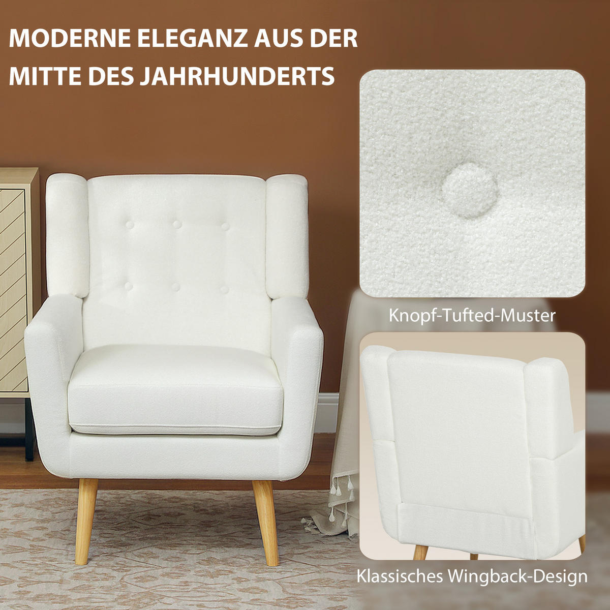 SESSEL Wohnzimmer Gepolstert Ohrensessel mit Teddy-Fleece-Optik, Holzbeine Weiß - Weiß, Kunststoff (72/89/75cm) - HOMCOM