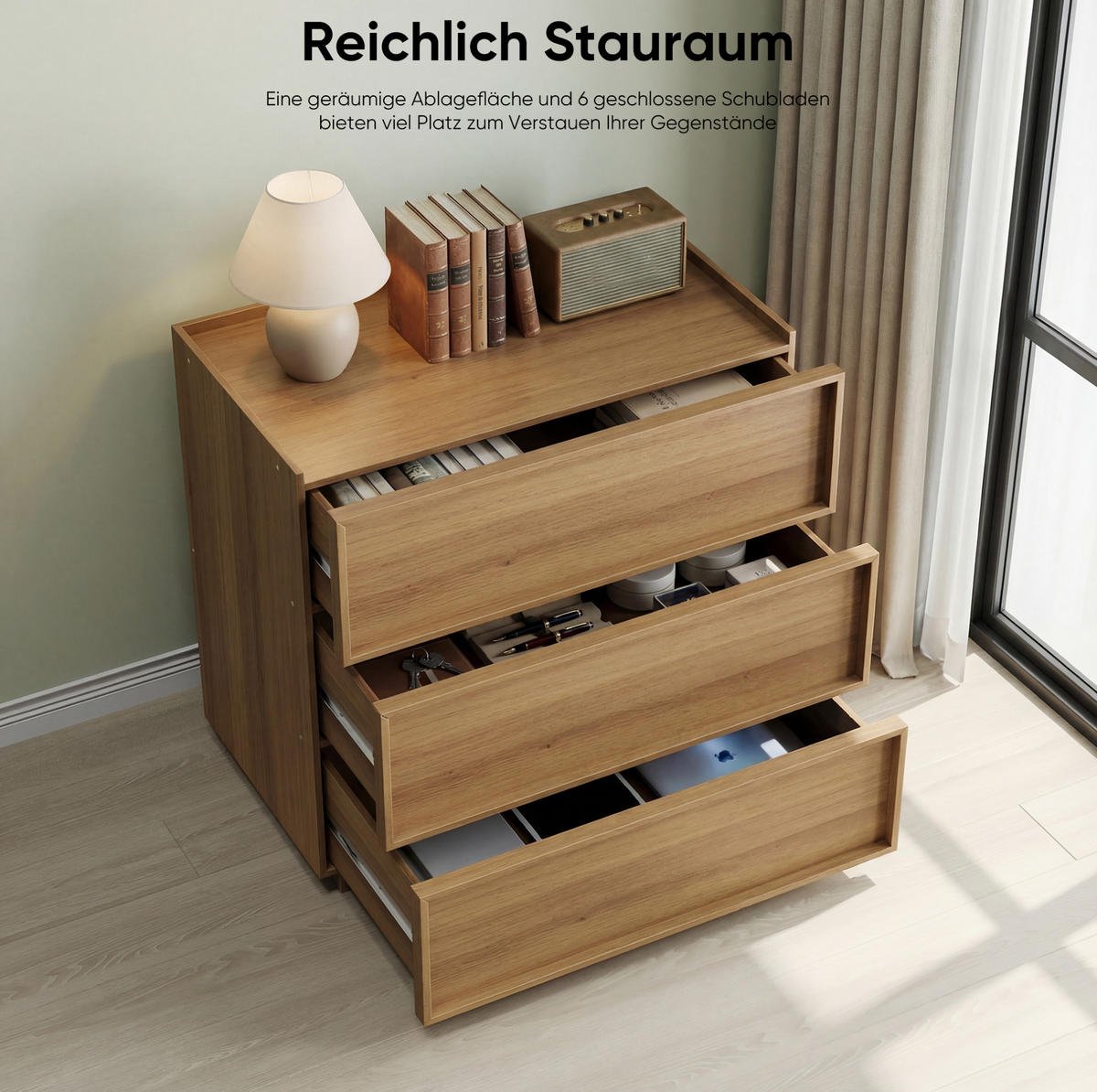 KOMMODE 80/78/48 cm Eichefarben aus MDF und Spanplatte mit 3 Schubladen - Nussbaumfarben, Holzwerkstoff (48/78/80cm) - OKMYHOME