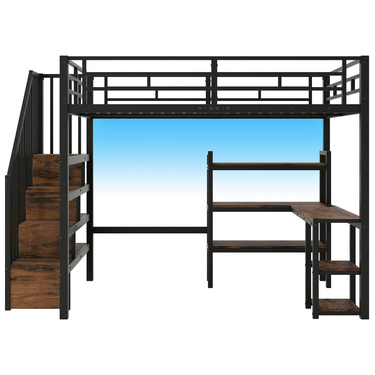 HOCHBETT 140/200 cm schwarz aus Metall und MDF mit Schreibtisch, Treppe und LED - Schwarz, Metall (140/200cm) - OKWISH