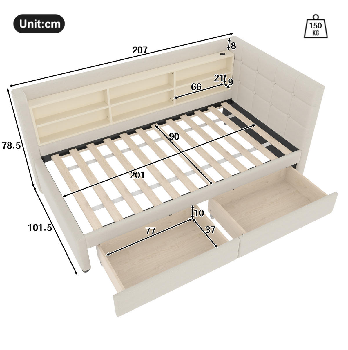 POLSTERBETT 90/200 cm aus Leinen mit 2 Schubladen, USB-C und Ablagefächern, Beige - Beige, Textil (90/200cm) - Redom