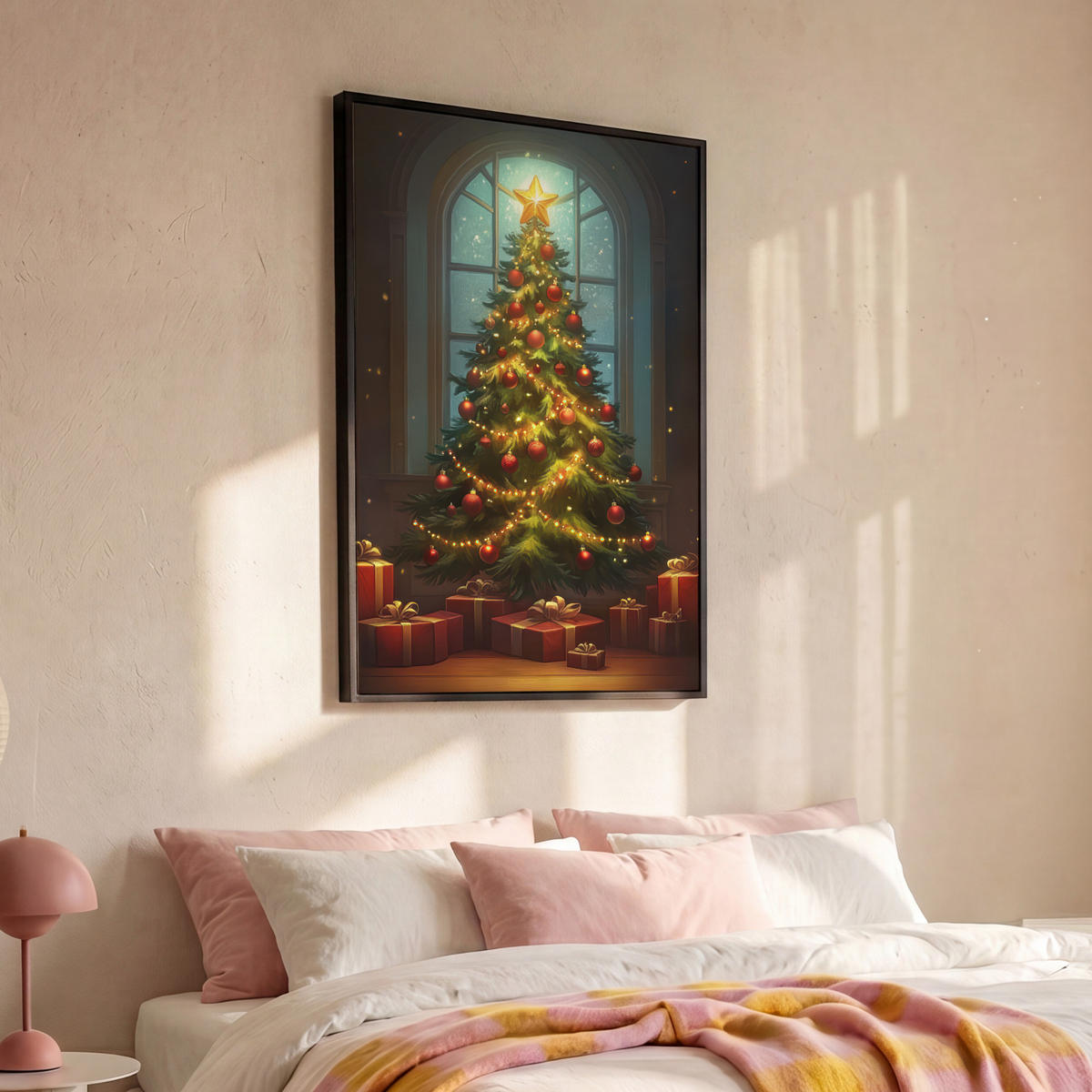 LEINWAND Bilder mit Rahmen - Weihnachtsbaum - Geschenk - Winter - 100x150 - Grün, Textil (100/150cm) - MuchoWow
