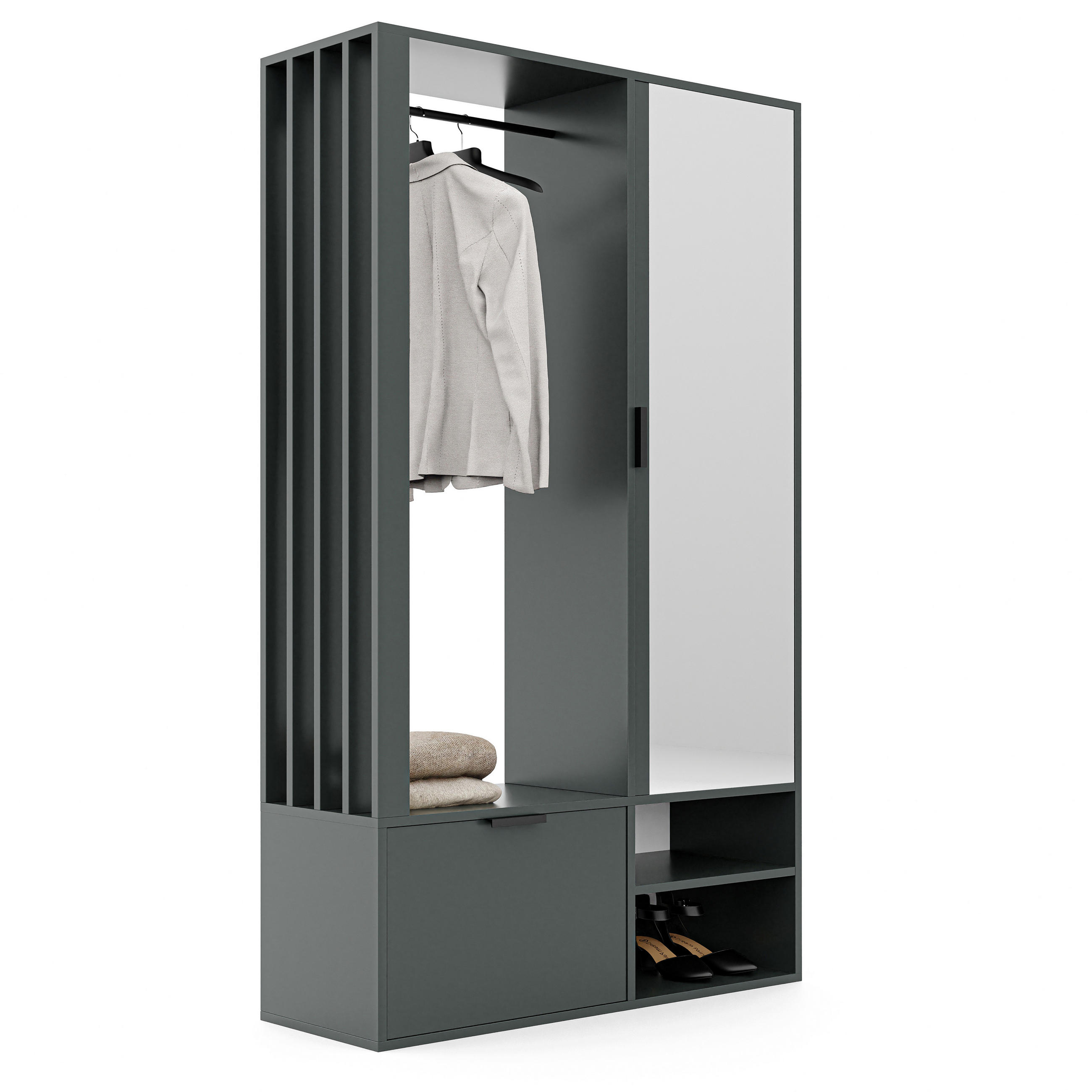GARDEROBENSCHRANK mit Spiegel-mit Ablagen und Kleiderstange - Grün, Holzwerkstoff (100/190/33cm) - Idohome