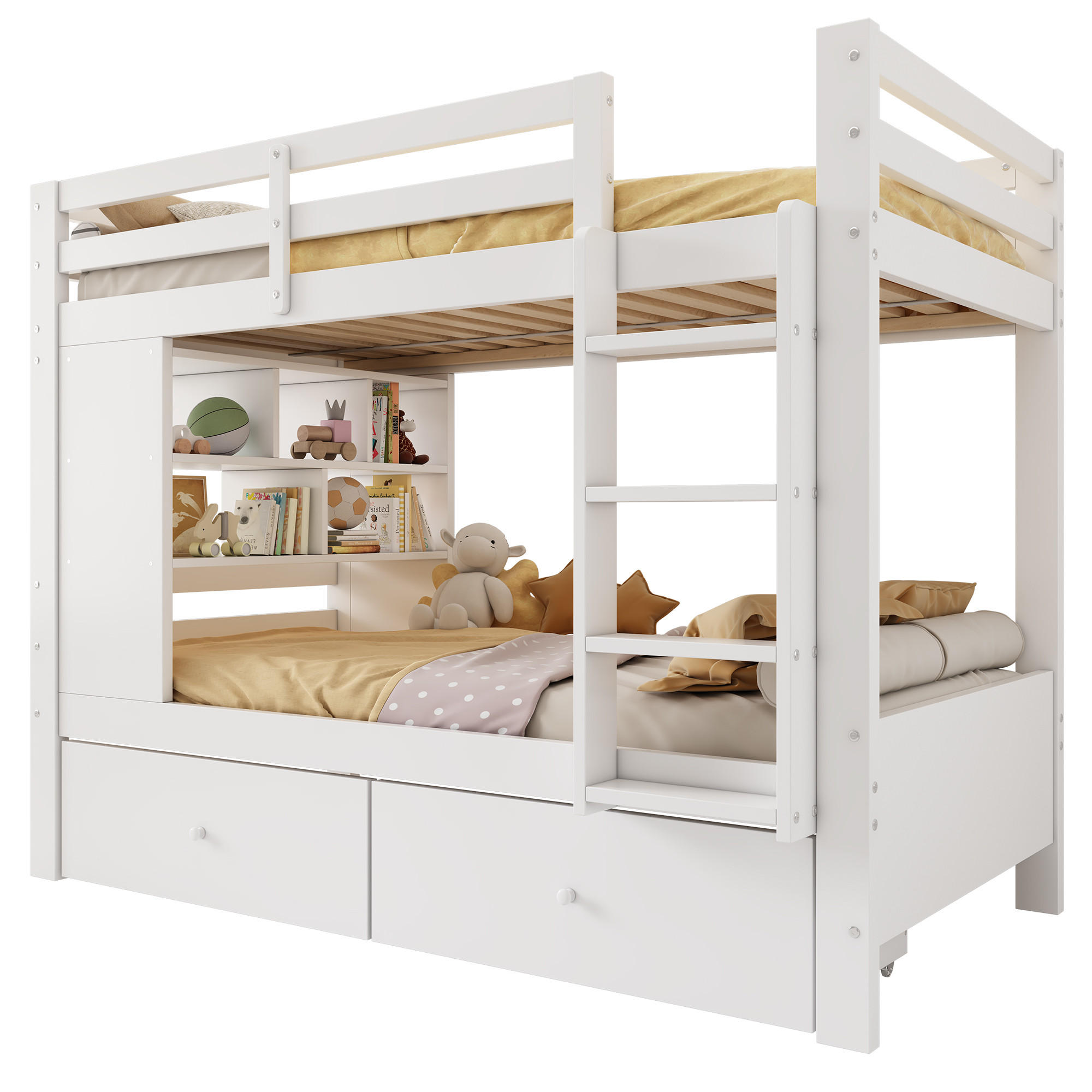 ETAGENBETT 90/200 cm in Weiß mit Schubladen und Regal - Weiß, Holz/Holzwerkstoff (90/200cm) - CHICFURN