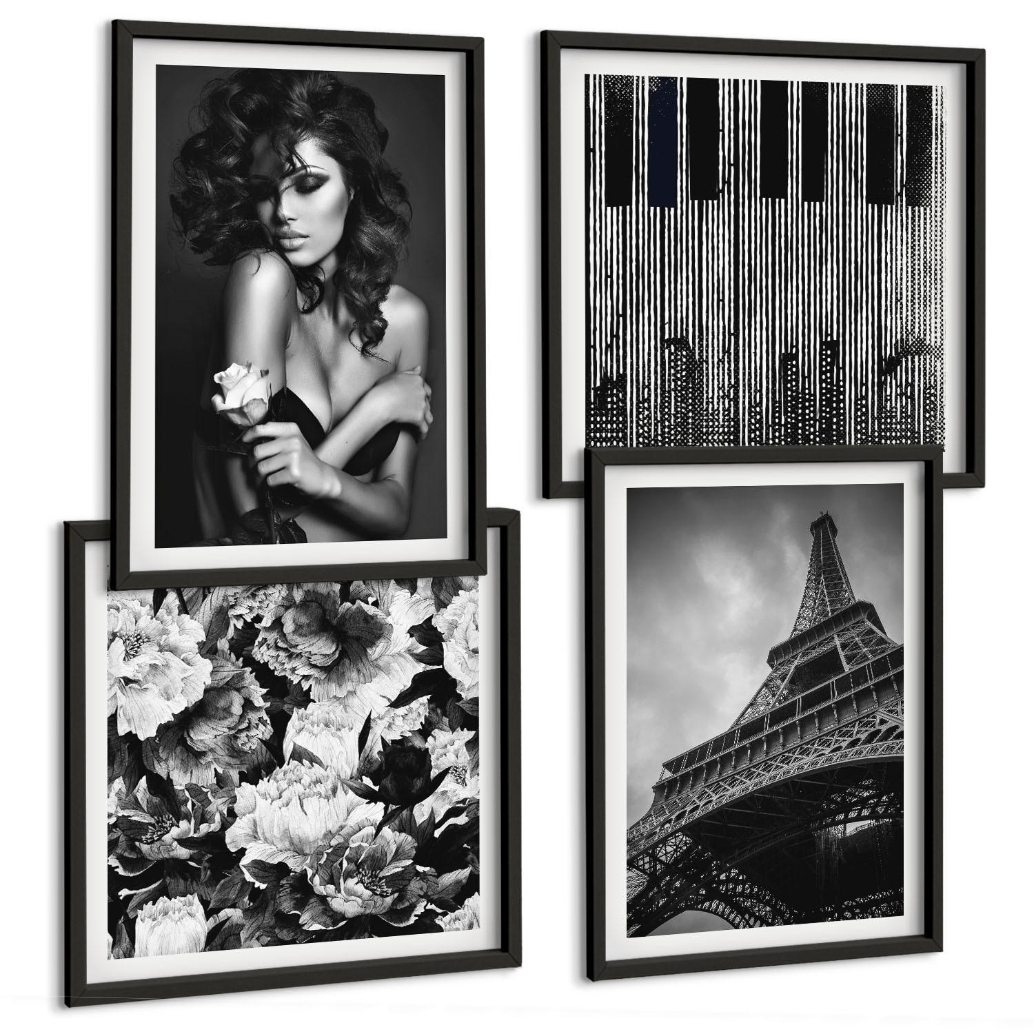 BILDER SET 4er Set - 50x50 cm & 40x60 cm Schwarzer Rahmen - Porträt einer Frau mit einer Eiffel-Rose - Schwarz, Kunststoff (50/50cm) - TULUP