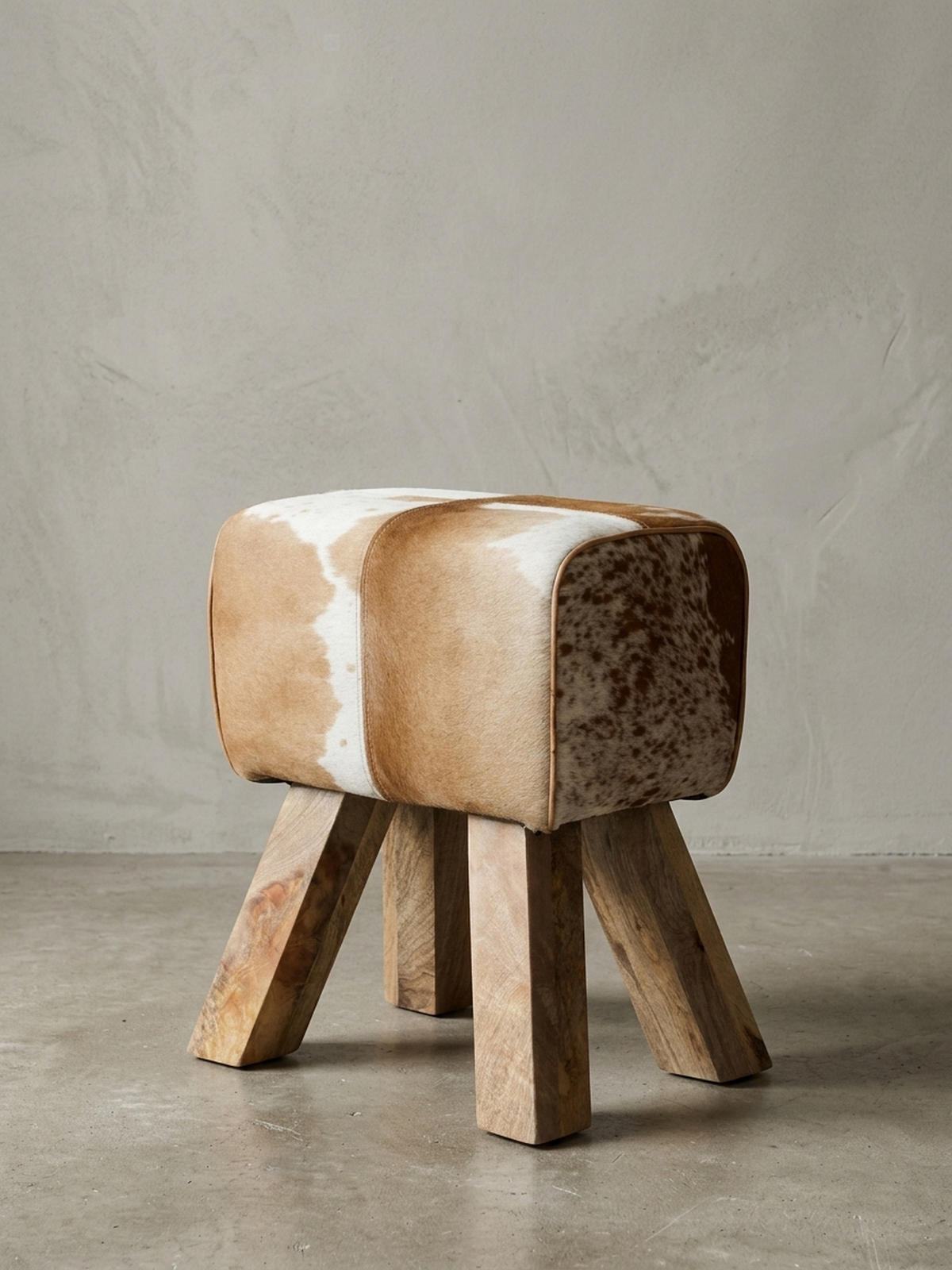 SITZHOCKER Retro Landhaus Holzbeine, Beige-Braun 40x30x47 cm - Beige/Braun, Mangoholz/Leder (40/47/30cm) - KADIMA DESIGN