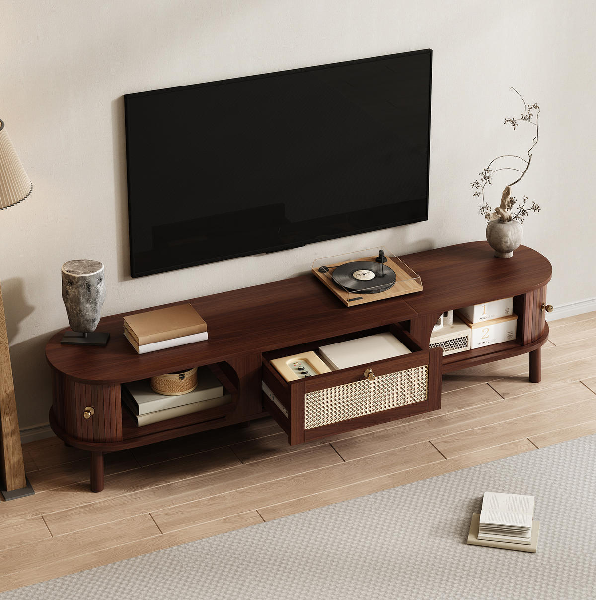 TV-LOWBOARD 170/39,5/38 cm in Natur mit Rattanschubladen und Türen - Eichefarben, Holzwerkstoff (170/38/39.5cm) - Flora Grace