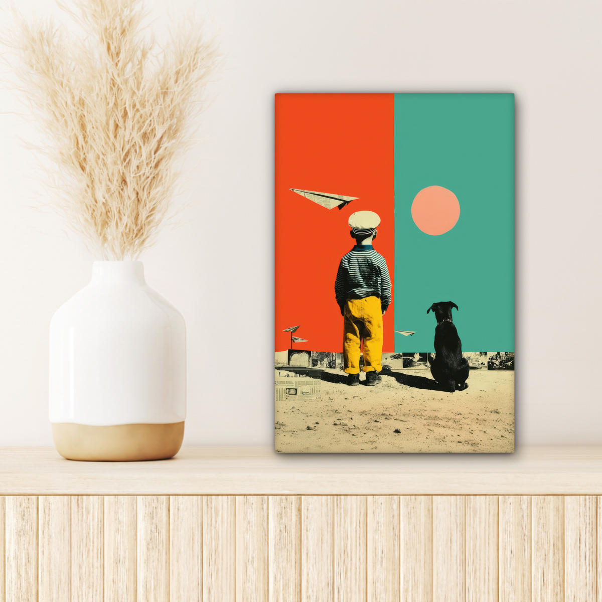 LEINWANDBILD Retro - Junge - Hund - Rot - Grün Deko Wohnzimmer 20x30 cm - Orange, Textil (20/30cm) - MuchoWow