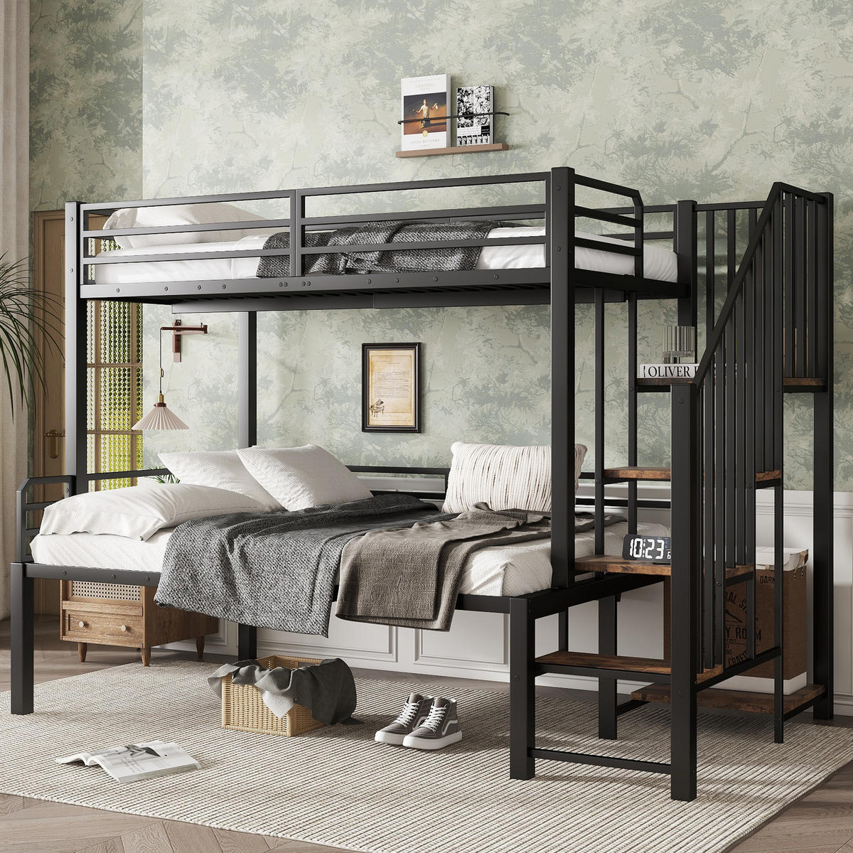 ETAGENBETT 90/120x200 cm aus Metall und MDF mit Eckleiter, Stauraum und Sicherheitsgeländern, Schwarz/Vintage-Holzfarbe - Schwarz, Holzwerkstoff (90/200cm) - Redom