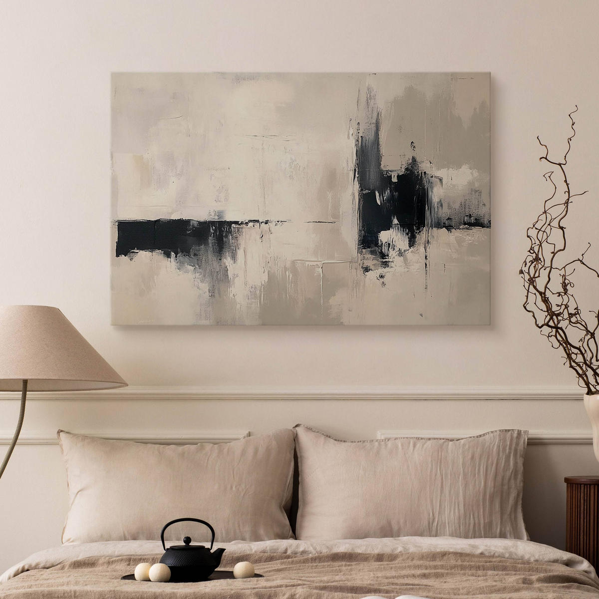 LEINWANDBILD Abstraktion Moderne Kunst Malarei 120x80 - Beige/Schwarz, Textil (120/80cm) - Muralo