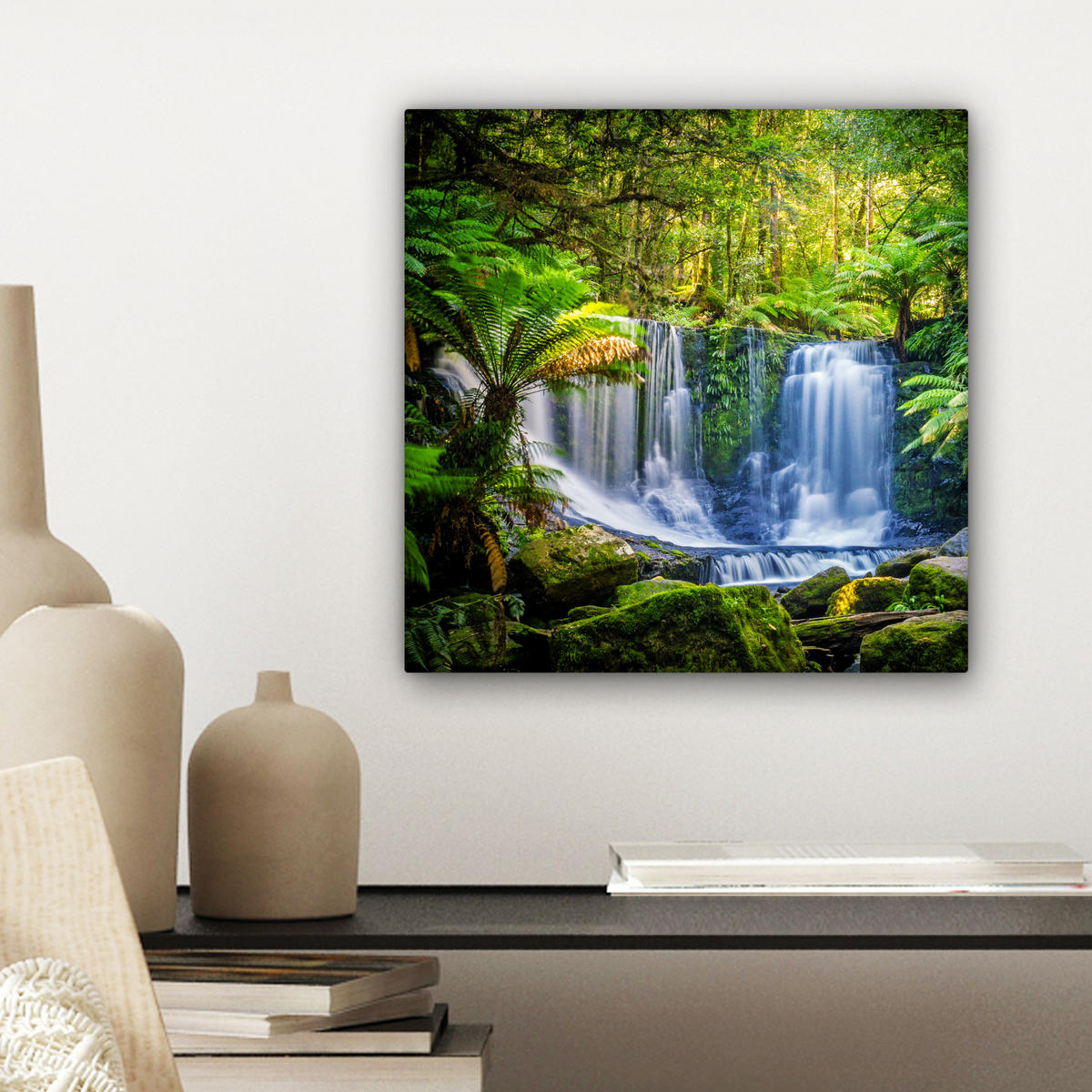 LEINWANDBILD Dschungel - Wasserfall - Australien - Pflanzen - Natur Deko Wohnzimmer 20x20 cm - Dunkelgrün, Textil (20/20cm) - MuchoWow
