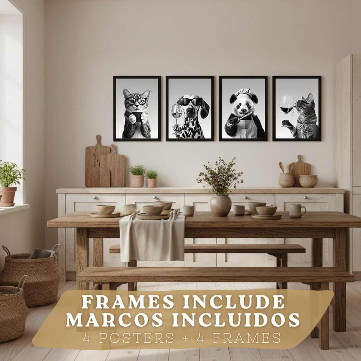 PLAKAT Sada 4 Byn Animals A4 Černý rám - černá, papír (29.7/1/21cm) - Nacnic