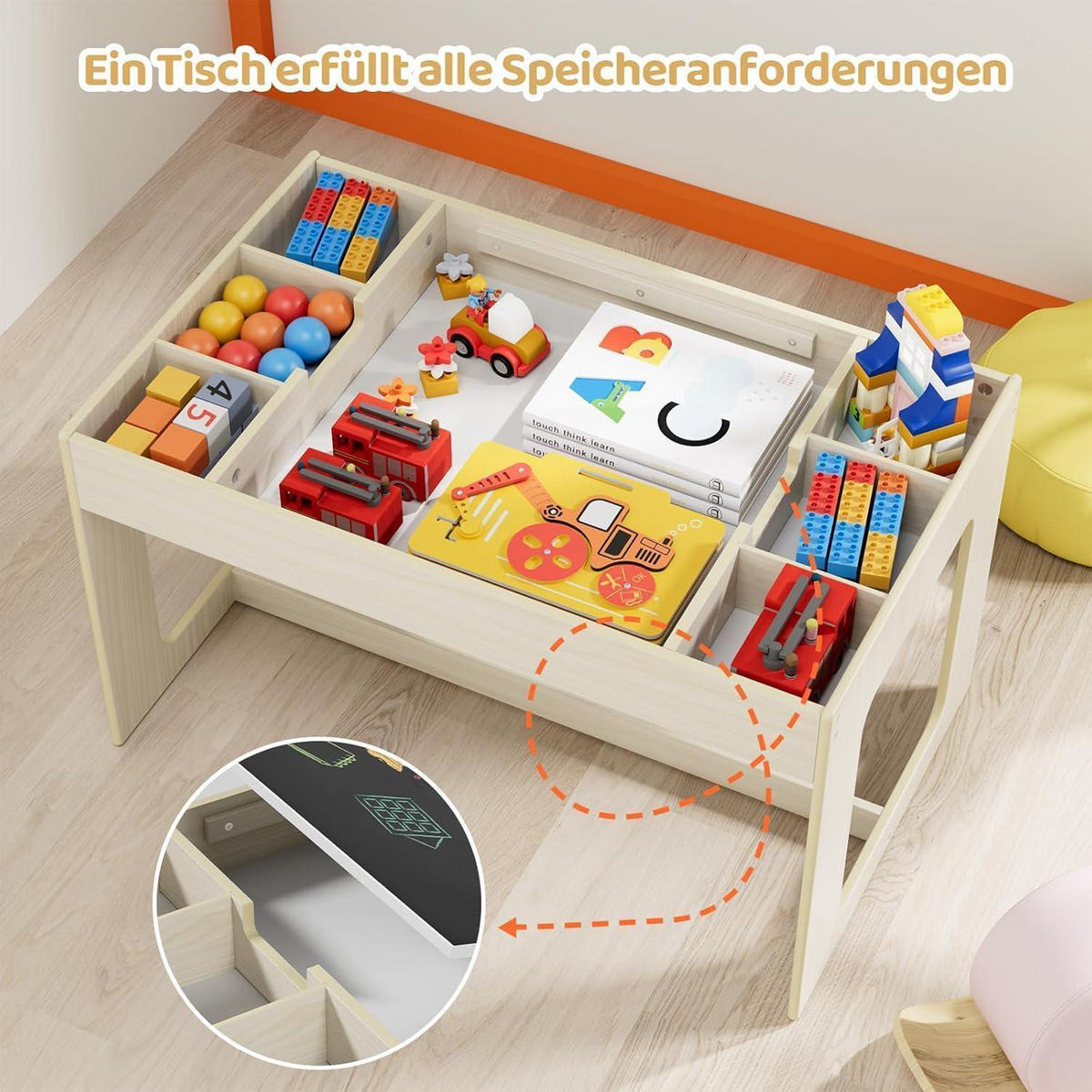 KINDERTISCH-STUHL-SET mit Stauraum Holzoptik mit Weiß 2-teiliges Set - Creme, Holzwerkstoff (48/48/80cm)