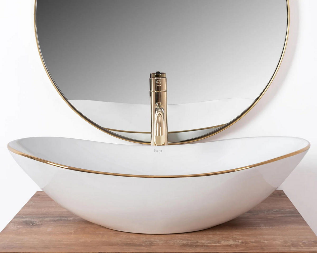 AUFSATZWASCHBECKEN Rea Royal Gold Edge - Weiß, Keramik (36/16/62cm) - REA