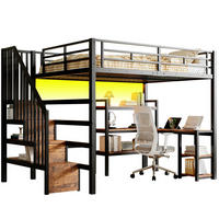 HOCHBETT MDF Metall 140x200 cm Schwarz mit Schreibtisch, Stauraumtreppe, Regal, LED und Ladestation - Schwarz, Holzwerkstoff (140/200cm) - Modfu