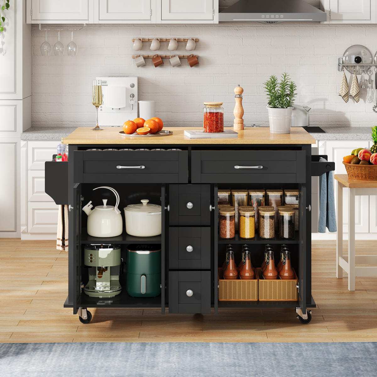 KÜCHENINSELWAGEN 140x65x89cm Schwarz mit ausklappbarer Platte, Schubladen & 5 Rollen - Schwarz, Holzwerkstoff (140/89/65cm) - Modfu