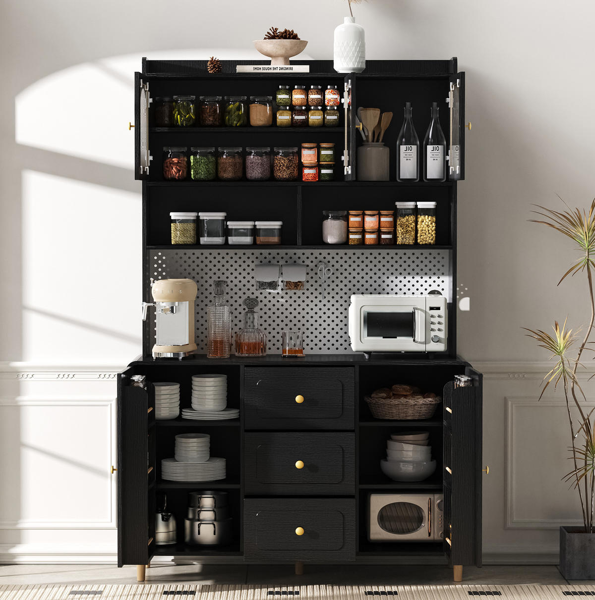 BUFFETSCHRANK 120/40/190 cm mit Lochplatte, 3 Schubladen und verstellbaren Einlegeböden, Schwarz - Schwarz, Holzwerkstoff (120/190/40cm) - Redom