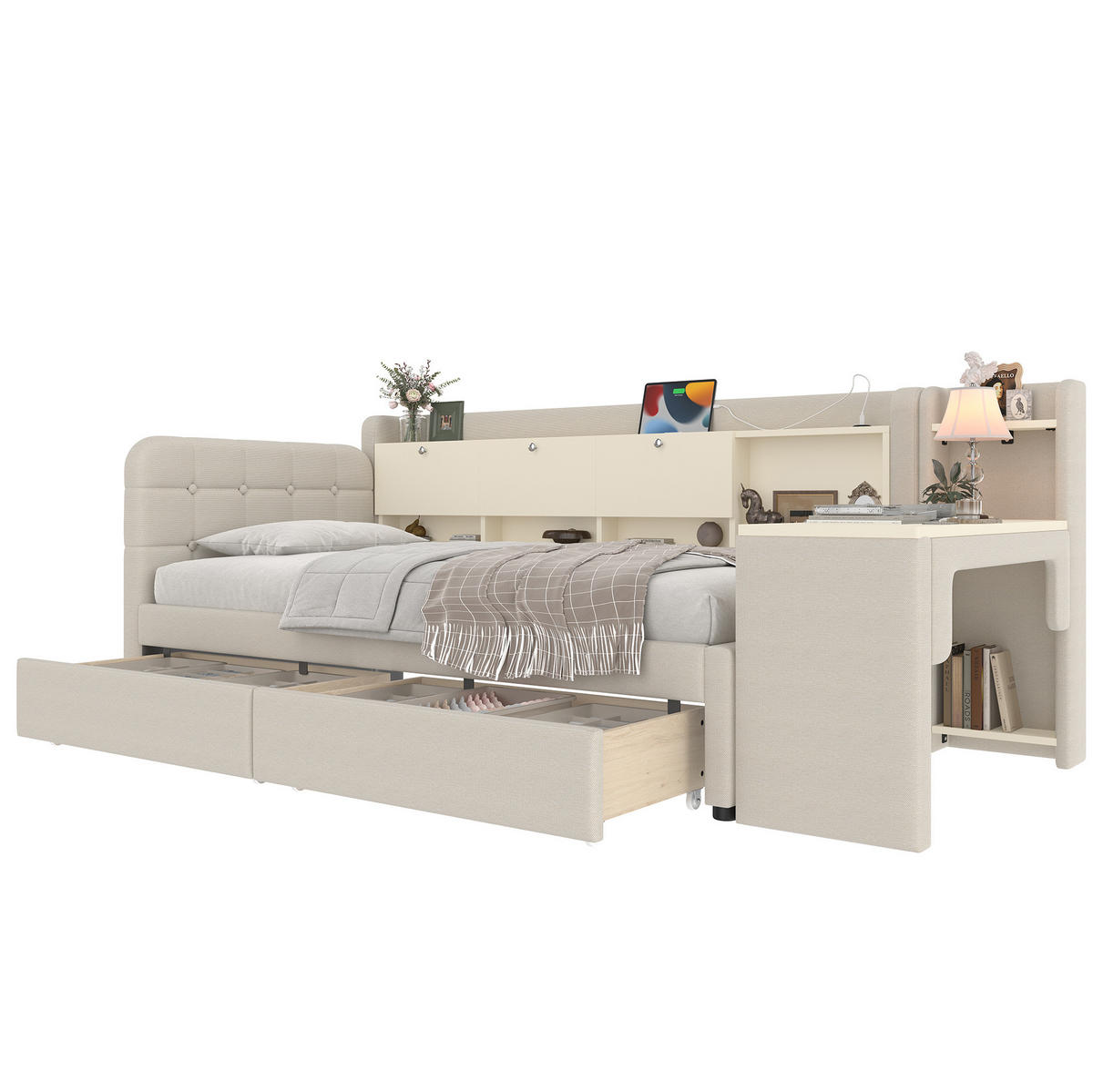 POLSTERBETT 90/200 cm in Beige mit Schreibtisch, 2 Schubladen und USB - Beige, Textil (90/200cm) - Flora Grace