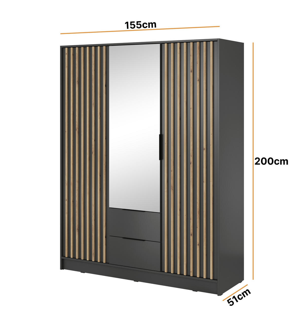 KLEIDERSCHRANK Stilo in Graphit, dreitürig, mit Spiegel und Lamellen an der Vorderseite - Schwarz/Graphitfarben, Leder/Holzwerkstoff (155/200/51cm) - Ravio