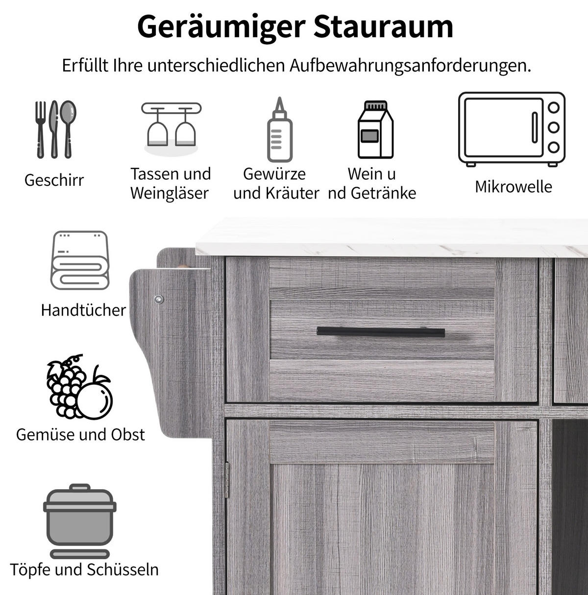 KÜCHENINSEL 139/46(71)/91,5 cm aus MDF mit klappbarer Arbeitsplatte, 3 Schubladen und verstellbaren Fächern, Grau - Grau, Holzwerkstoff (139/91.5/71cm) - Redom