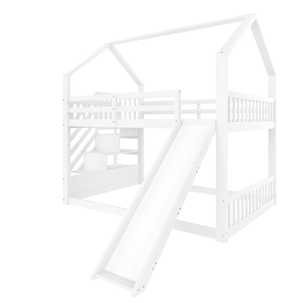 ETAGENBETT 140x200cm Weiß mit Stauraumtreppe und Rutsche Hausbett - Weiß, Holz (140/200cm) - FLIEKS