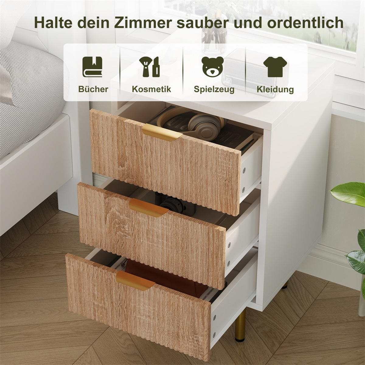 NACHTTISCH mit 3 Schubladen - Metallgriffe und Metallbeine -Rillendesign & Goldene Akzente - Weiß & Naturholz - Naturfarben, Holzwerkstoff (40/65/40cm) - DELFA