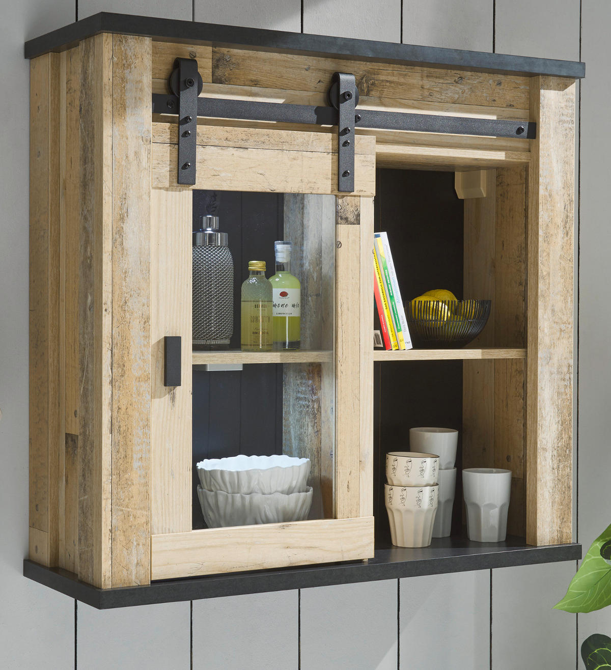HÄNGESCHRANK Used Wood hell, anthrazit 93 cm Vintage, Küchenschrank mit Schiebetür - Anthrazit/Schwarz, Glas/Holzwerkstoff (93/90/31cm) - Furn.Design