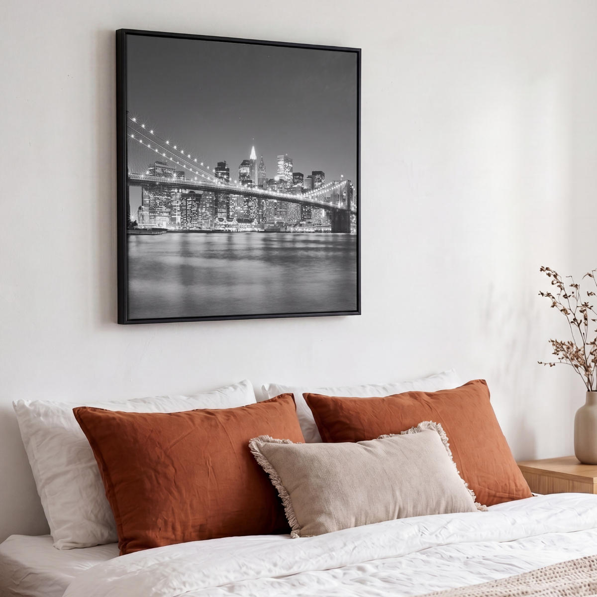 LEINWAND Bilder mit Rahmen - New York - Brücke - Brooklyn - Schwarz und weiß - Architektur - 50x50 - Schwarz, Textil (50/50cm) - MuchoWow