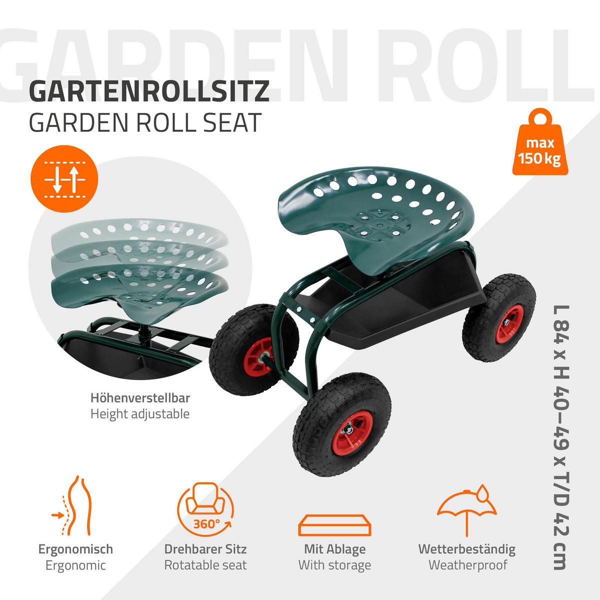 GARTENROLLSITZ Grün aus Stahl 360° drehbar/höhenverstellbar bis 150 kg - Grün, Metall (42/49/84cm) - ECD-Germany