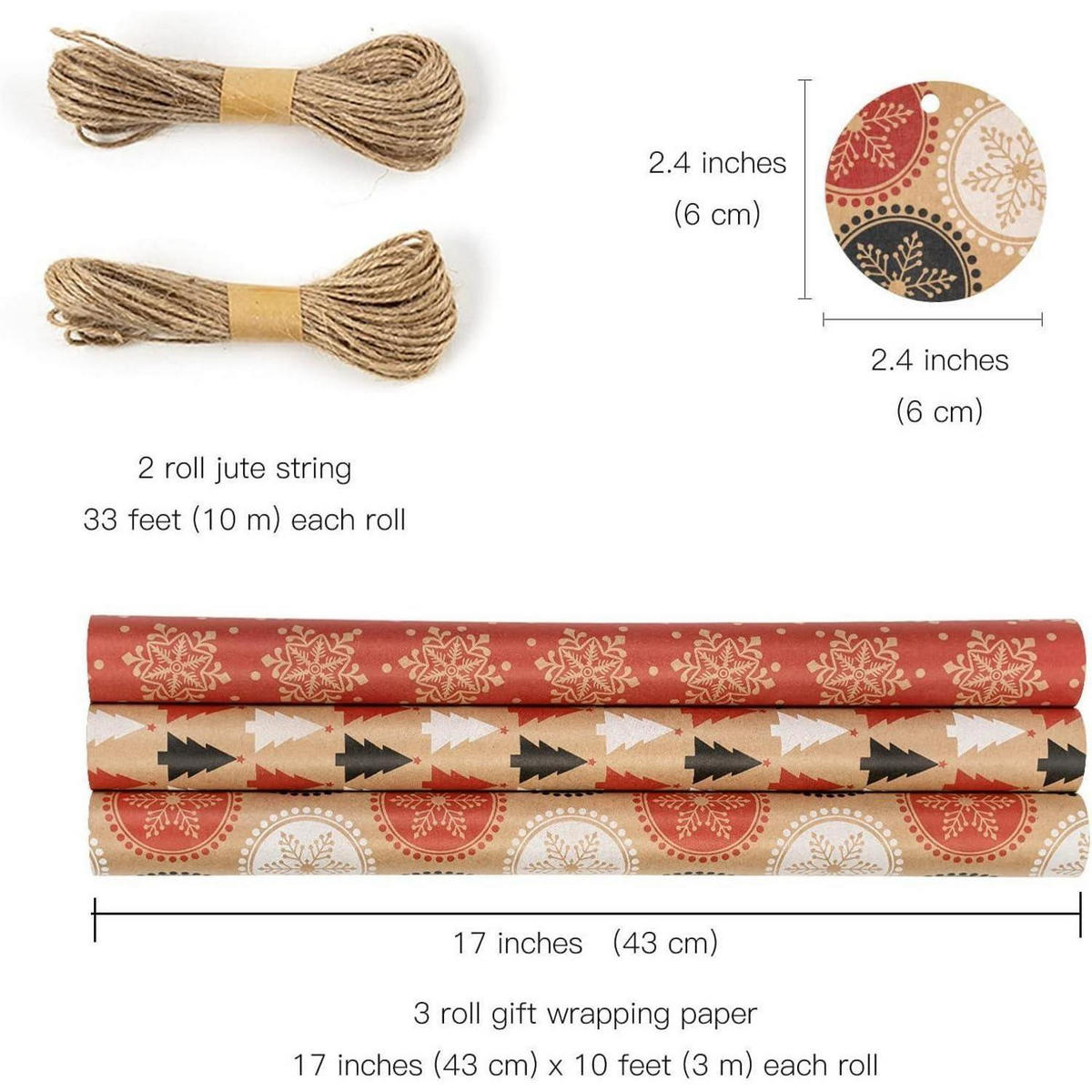 GESCHENKPAPIER 3 Rollen Set mit Juteschnur und Etiketten 43 cm x 3 Meter - Multicolor, Papier (4/44/10cm)