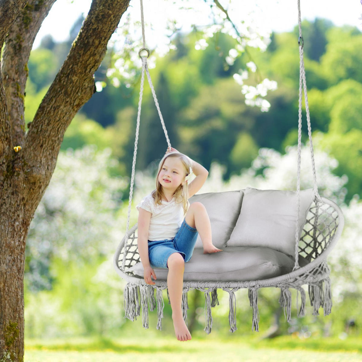 HÄNGESESSEL für 2 Personen mit Kissen 130/75/37 cm, bis 200 kg - Grau, Textil (130/108/75cm) - Outtec